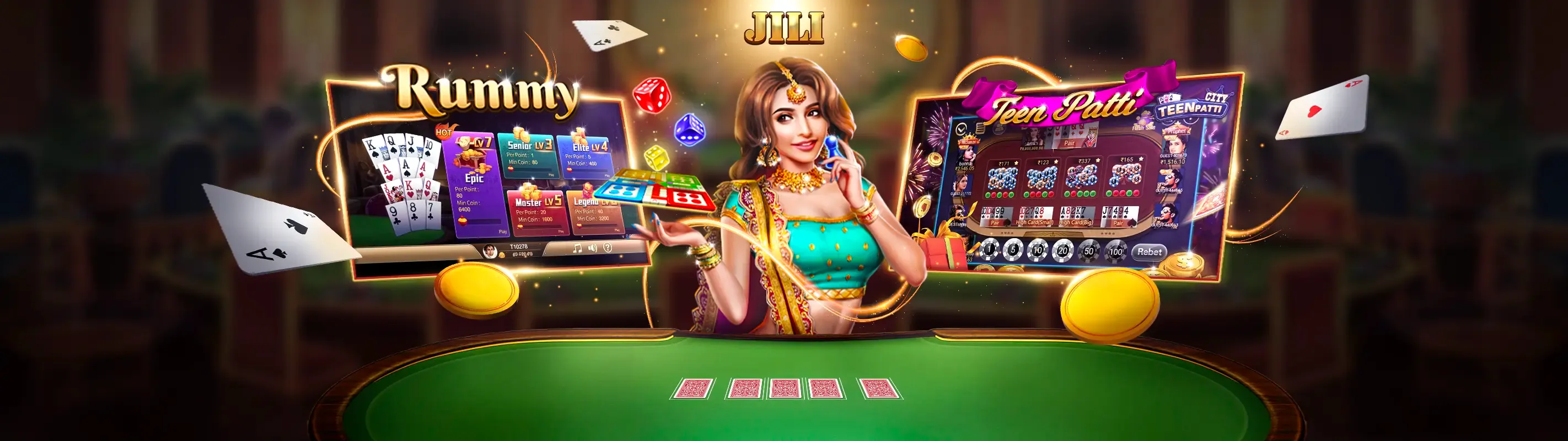 Hình ảnh tổng quan về các trò chơi casino trực tuyến với giao diện sang trọng, người chia bài chuyên nghiệp và biểu tượng dola88 code